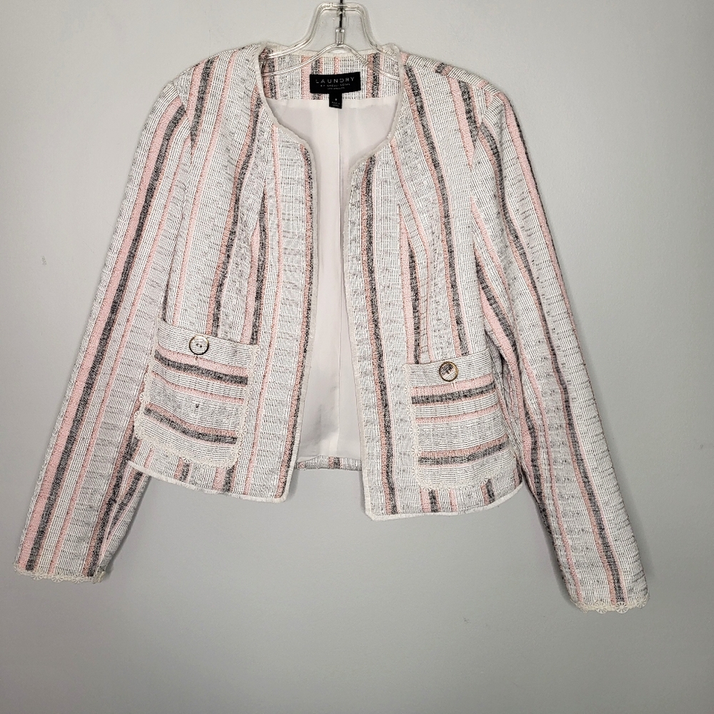 Laundry by Shelli Segal Womens Jacket Size 8 Pink Tweed Metallic Striped Cropped